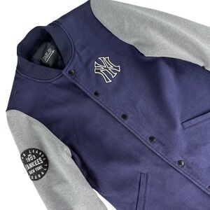 MLB New York Yankees Long Varsity Jacket Womens S Navy Gray Snap Front Coat ou